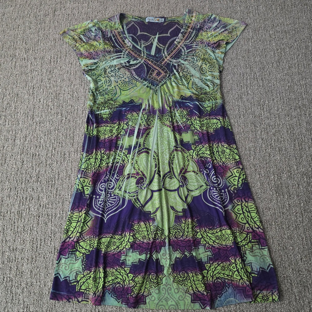 Unity World Wear Dress M Boho Purple Green Embellished Beaded Midi